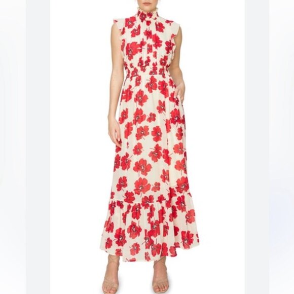 NWT Women's MELLODAY Smocked Mock Neck Tiered Maxi Dress | Size M - Picture 1 of 11